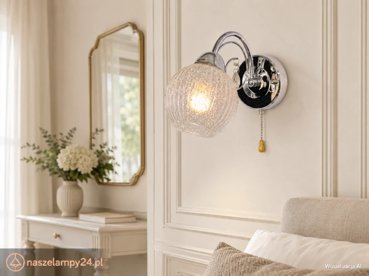 Chromowany kinkiet WENUS Elem 8964/1 8C ze szklanym kloszem elegancko rozprasza światło. Oprawka E27 pozwala dobrać odpowiednią żarówkę, a włącznik sznureczkowy zapewnia wygodną obsługę. Stylowy dodatek do wnętrza.