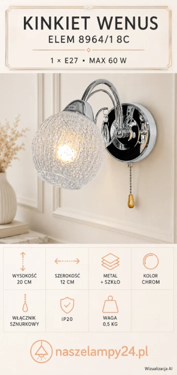 Kinkiet WENUS 1xE27 chrom to ozdobna lampa ścienna wykonana z metalu i szkła. Dekoracyjny klosz, subtelna zawieszka oraz sznureczek podkreślają jej elegancki wygląd. Model pasuje do aranżacji klasycznych i glamour.
