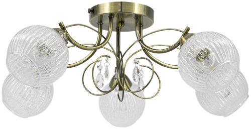 Lampa sufitowa WENUS 5xE27 Elem w kolorze patyny ma pięć dekoracyjnych szklanych kloszy i akrylowe zawieszki. Plafon o szerokości 60 cm oraz wysokości 23 cm elegancko oświetli salon, jadalnię, sypialnię lub hol.