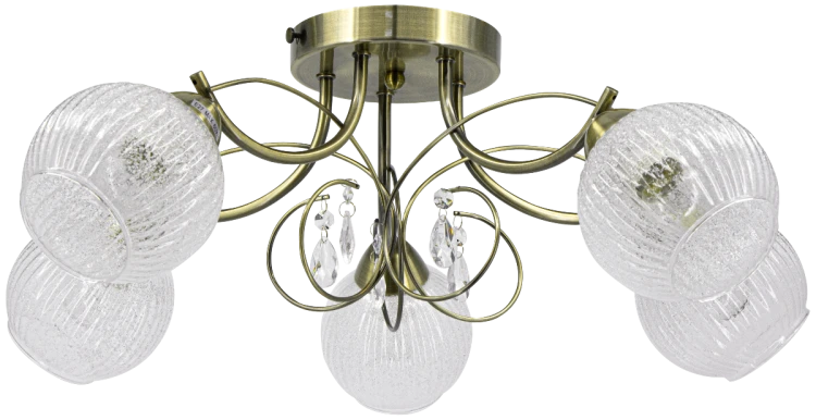 Lampa sufitowa WENUS 5xE27 Elem w kolorze patyny ma pięć dekoracyjnych szklanych kloszy i akrylowe zawieszki. Plafon o szerokości 60 cm oraz wysokości 23 cm elegancko oświetli salon, jadalnię, sypialnię lub hol.