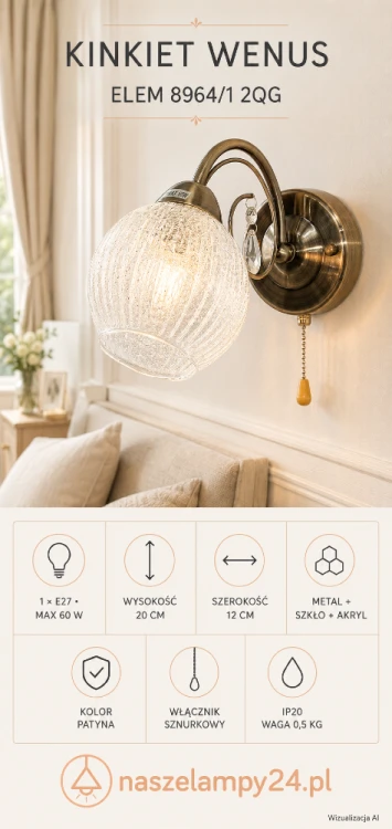Lampa ścienna WENUS 1xE27 patyna zachwyca dekoracyjnym szklanym kloszem oraz ozdobną zawieszką. Kompaktowy kinkiet o wysokości 20 cm i szerokości 12 cm pasuje do sypialni, salonu, gabinetu, korytarza i przedpokoju