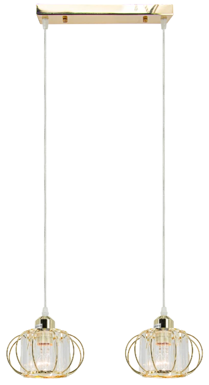 Lampa sufitowa ACRI 2xE27 Elem 8221/2 TR łączy złoty metal z dekoracyjnymi elementami szkła. Dwa efektowne klosze i szerokość 50 cm sprawiają, że doskonale prezentuje się nad stołem, wyspą kuchenną lub barkiem.