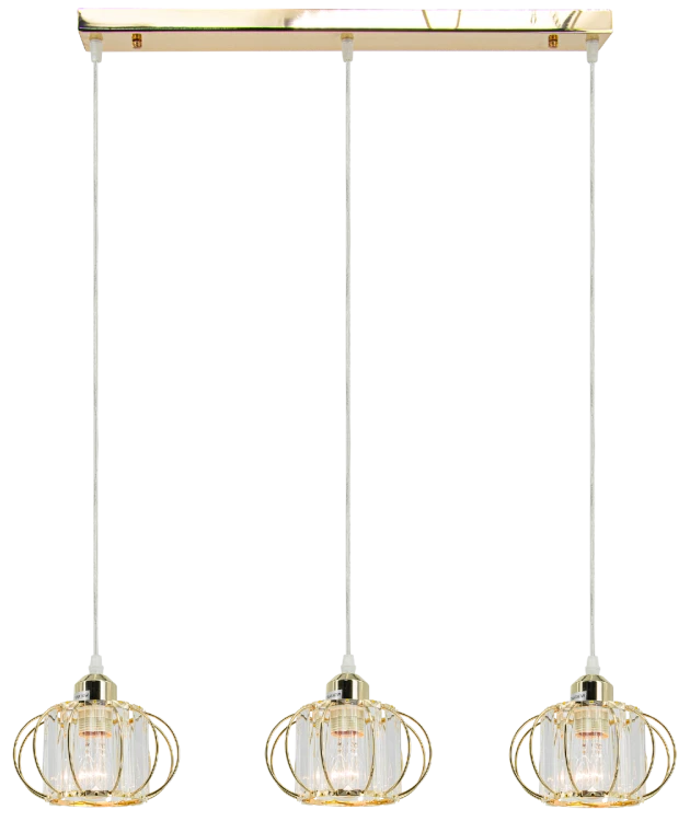 Lampa sufitowa ACRI 3xE27 Elem 8221/3 TR wyróżnia się złotym wykończeniem i szklanymi detalami. Trzy klosze oraz szerokość 70 cm sprawiają, że doskonale pasuje nad stół w jadalni, wyspę kuchenną lub barek.