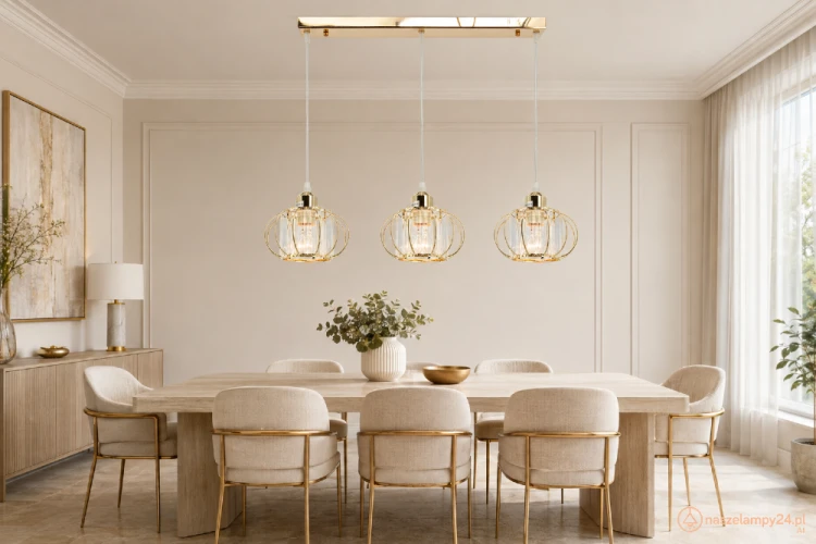 Złota lampa wisząca ACRI 3xE27 marki Elem to eleganckie oświetlenie salonu, jadalni i kuchni. Model 8221/3 TR ma 70 cm szerokości, regulowaną wysokość 10–90 cm i trzy miejsca na żarówki E27 do 60W.