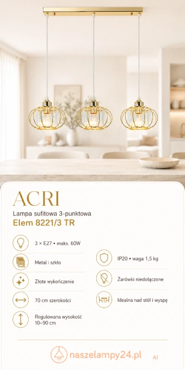 Lampa ACRI Elem 8221/3 TR łączy złoty metal z dekoracyjnymi elementami szkła. Trzy klosze rozmieszczone w jednej linii efektownie oświetlą stół lub wyspę. Wysokość 10–90 cm, szerokość 70 cm, 3xE27, IP20.