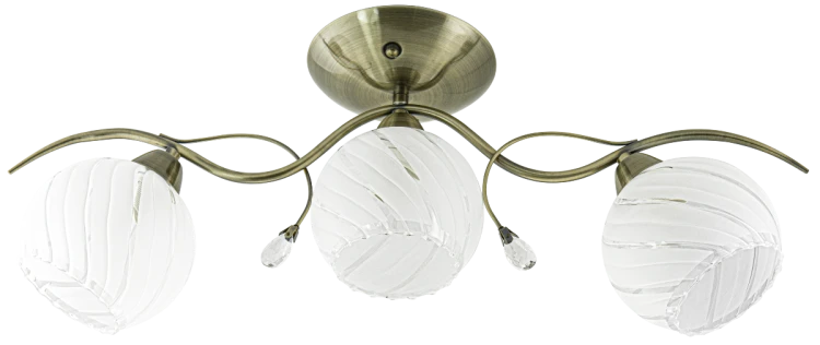 Lampa sufitowa STING 3xE27 Elem 8758/3 21QG ma trzy białe szklane klosze, faliste ramiona w kolorze patyny i kryształowe zawieszki. Plafon o wymiarach 56 × 25 cm pasuje do salonu, sypialni oraz jadalni.