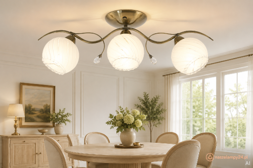 Plafon STING 3xE27 patyna marki Elem to klasyczna lampa z białymi kloszami i kryształowymi detalami. Niewielka wysokość 25 cm sprawia, że model 8758/3 21QG doskonale sprawdzi się również w niższych pomieszczeniach.
