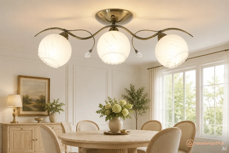 Plafon STING 3xE27 patyna marki Elem to klasyczna lampa z białymi kloszami i kryształowymi detalami. Niewielka wysokość 25 cm sprawia, że model 8758/3 21QG doskonale sprawdzi się również w niższych pomieszczeniach.
