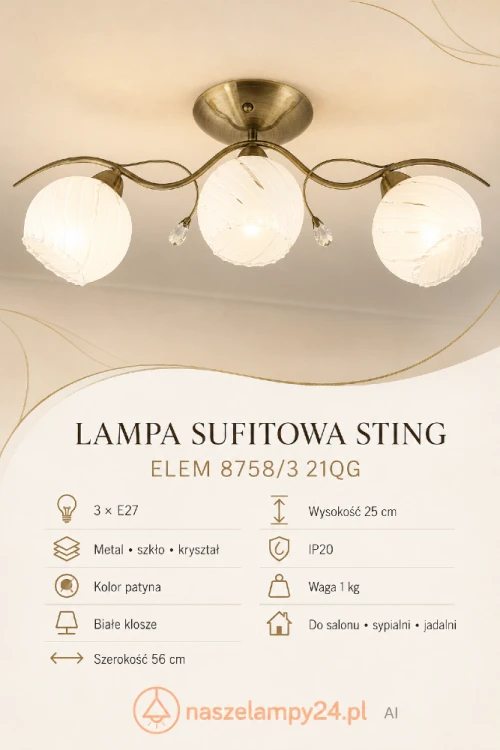 Klasyczna lampa sufitowa STING Elem wyróżnia się trzema białymi kloszami, metalową konstrukcją w kolorze patyny i ozdobnymi kryształkami. Model 8758/3 21QG ma 56 cm szerokości, 25 cm wysokości oraz gwinty E27.