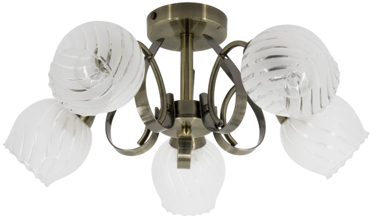 Lampa sufitowa DAKOTA 5xE27 Elem w kolorze patyny zachwyca pięcioma białymi, szklanymi kloszami w paski. Plafon o szerokości 53 cm i wysokości 24 cm efektownie oświetli salon, jadalnię, sypialnię lub przedpokój. Żarówki niedołączone.