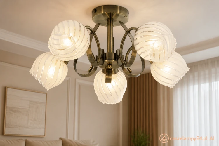 Plafon DAKOTA 7138/5 21QG marki Elem to klasyczna lampa sufitowa z pięcioma białymi kloszami w dekoracyjne paski. Konstrukcja z metalu w kolorze patyny pasuje do salonu, sypialni i jadalni. Model 5xE27, maks. 60 W, IP20.
