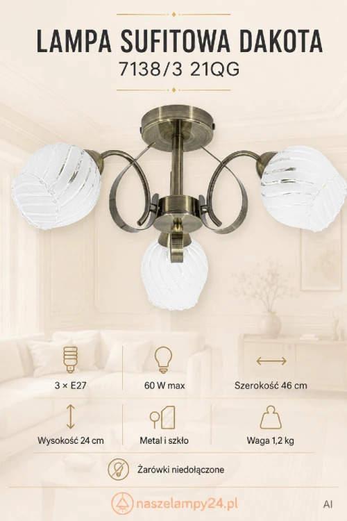 Elegancka lampa sufitowa DAKOTA 3xE27 w kolorze patyny posiada trzy dekoracyjne klosze z białego szkła. Niski plafon Elem ma 46 cm szerokości i 24 cm wysokości, dlatego dobrze sprawdzi się również w pomieszczeniach z niższym sufitem.