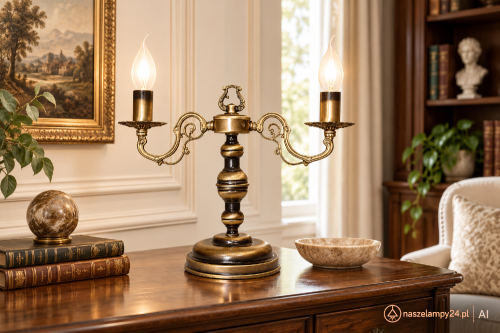 Lampa stołowa klasyczna ANTARES 2xE14 Lemir O1318/L2 w kolorze patyny zachwyca formą stylowego świecznika. Elegancka lampa na komodę, konsolę lub biurko doskonale pasuje do gabinetu, salonu i klasycznej sypialni.
