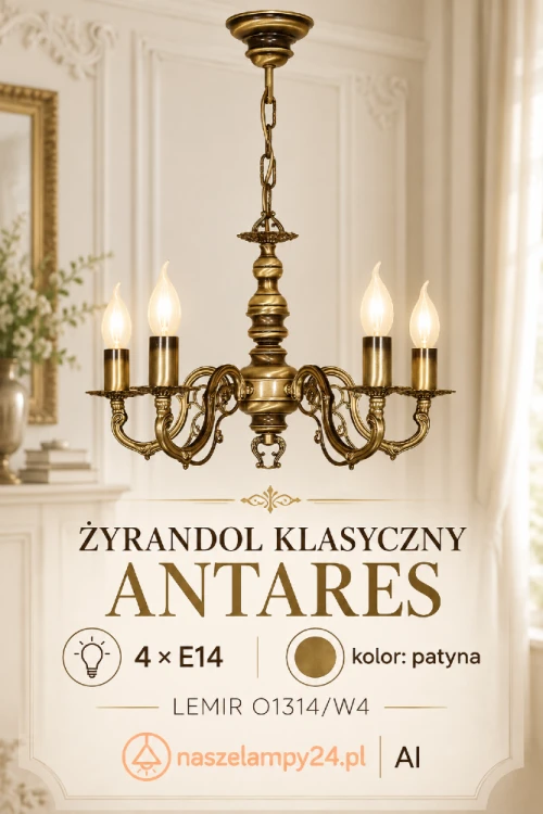 Klasyczny żyrandol ANTARES Lemir O1314/W4 to elegancka lampa 4xE14 w kolorze patyny. Ozdobne ramiona i forma świecznika podkreślą wystrój salonu, jadalni, gabinetu lub holu. Trwałe wykonanie ze stali i odlewu ZNAL.