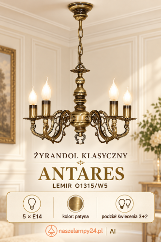 Klasyczny żyrandol ANTARES 5x60W marki Lemir w kolorze patyna zachwyca stylowym wykończeniem i kryształkami w odcieniu brązu. Doskonały do eleganckich wnętrz, wykonany w Polsce z trwałych materiałów – stali i odlewu ZNAL.