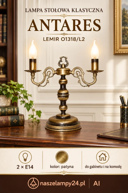 Klasyczna lampa stołowa ANTARES Lemir O1318/L2 z dwoma oprawkami E14 to dekoracyjne oświetlenie gabinetu, salonu lub sypialni. Patynowane wykończenie, ozdobne ramiona i stabilna podstawa podkreślają jej elegancki styl.