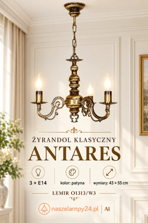 Żyrandol klasyczny ANTARES 3x60W patyna Lemir O1313/W3 to elegancka lampa świecznikowa wykonana ze stali i odlewu ZNAL. Patynowane wykończenie i brązowe kryształki dodają wnętrzu ciepła i stylu. Idealny do salonu, jadalni lub sypialni.