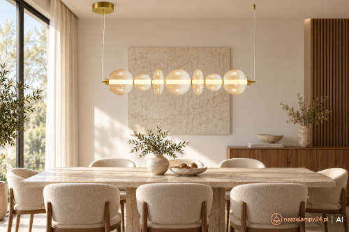 DAPHNE ML0349 to efektowna lampa sufitowa w złotym kolorze z bursztynowymi kloszami LED 40W. Jasne, ciepłe światło 3000K oraz nowoczesny design czynią ją idealną do wnętrz glamour i modern classic. Regulacja wysokości do 185 cm.