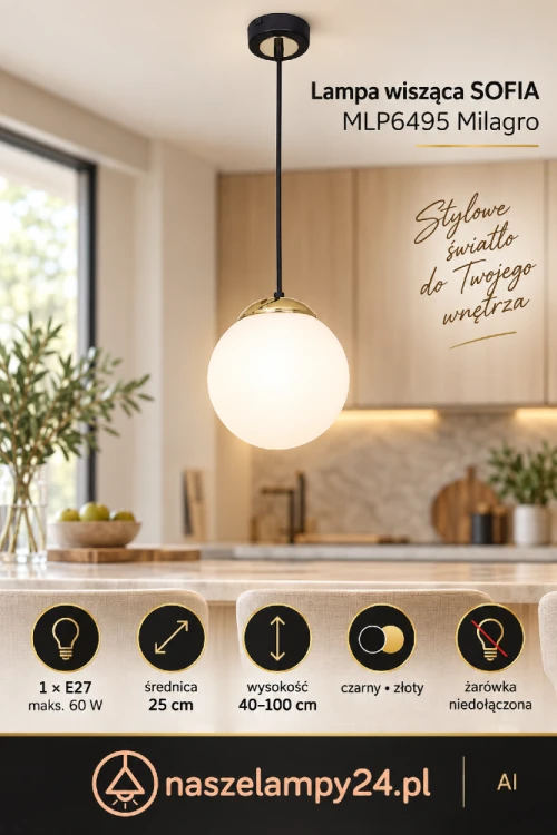 Nowoczesna lampa wisząca SOFIA MLP6495 Milagro ma biały kulisty klosz o średnicy 25 cm. Czarno-złota oprawa pięknie prezentuje się pojedynczo lub w zestawie kilku lamp nad barkiem. Gwint E27, maks. 60 W.