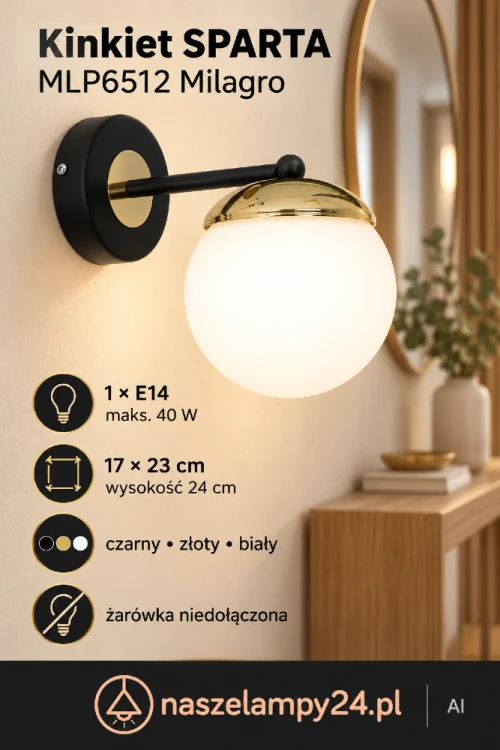 Kinkiet z kulą SPARTA MLP6512 marki Milagro to eleganckie oświetlenie ścienne do sypialni i salonu. Połączenie czerni, złota oraz bieli podkreśla nowoczesny wygląd lampy. Gwint E14, maks. 40 W. Żarówka niedołączona.