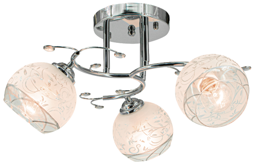 Lampa sufitowa EVITA 3xE27 chrom Elem 8836/3 8C ma trzy szklane klosze z dekoracyjnym wzorem. Ozdobne gałązki i chromowane wykończenie dodają jej elegancji. Szerokość 42 cm, wysokość 25 cm, waga 1,1 kg.