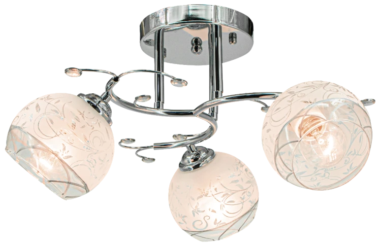 Lampa sufitowa EVITA 3xE27 chrom Elem 8836/3 8C ma trzy szklane klosze z dekoracyjnym wzorem. Ozdobne gałązki i chromowane wykończenie dodają jej elegancji. Szerokość 42 cm, wysokość 25 cm, waga 1,1 kg.