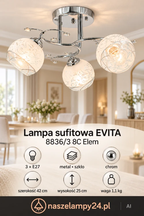 Plafon EVITA 8836/3 8C Elem łączy chromowaną konstrukcję z trzema szklanymi kloszami ozdobionymi roślinnym wzorem. Elegancka lampa 3xE27 o szerokości 42 cm sprawdzi się w klasycznych i nowoczesnych wnętrzach.