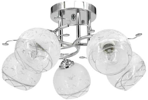 Lampa sufitowa EVITA 5xE27 chrom Elem 8836/5 8C ma pięć szklanych kloszy z dekoracyjnym wzorem. Chromowana konstrukcja i ozdobne gałązki dodają jej elegancji. Szerokość 47 cm, wysokość 26 cm, waga 1,7 kg.