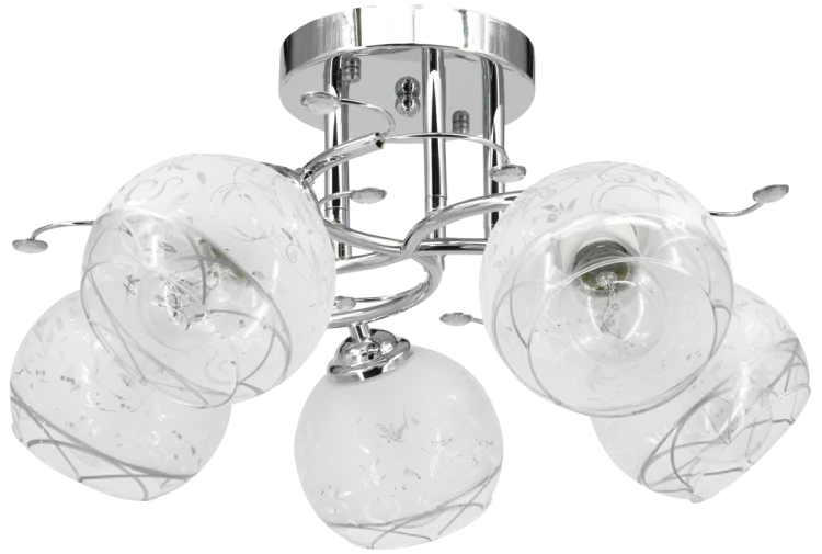 Lampa sufitowa EVITA 5xE27 chrom Elem 8836/5 8C ma pięć szklanych kloszy z dekoracyjnym wzorem. Chromowana konstrukcja i ozdobne gałązki dodają jej elegancji. Szerokość 47 cm, wysokość 26 cm, waga 1,7 kg.