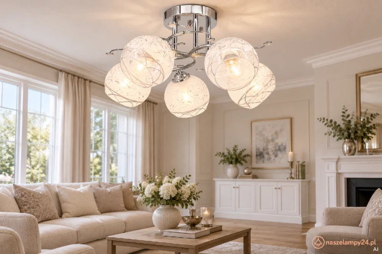 Chromowana lampa EVITA Elem 5xE27 z pięcioma dekorowanymi kloszami sprawdzi się w salonie, jadalni lub sypialni. Niska konstrukcja o wysokości 26 cm jest montowana blisko sufitu. Model 8836/5 8C, szerokość 47 cm.