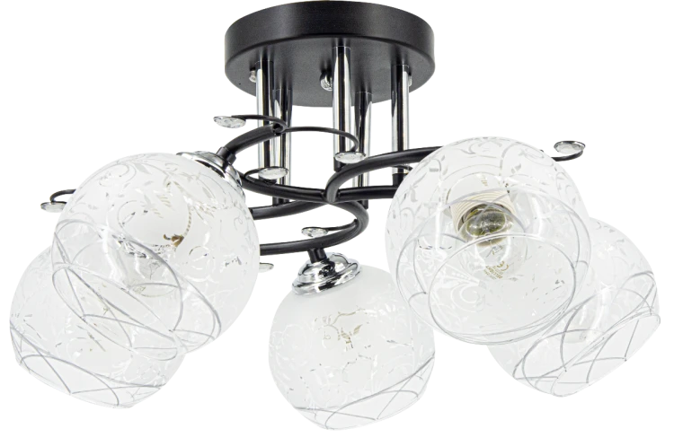 Lampa sufitowa EVITA 5xE27 czarna chrom Elem 8836/5 BL 8C ma pięć szklanych kloszy z dekoracyjnym wzorem. Niski plafon o szerokości 47 cm i wysokości 26 cm sprawdzi się w salonie, jadalni lub sypialni.