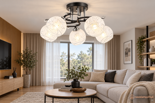 Czarno-chromowana lampa EVITA Elem 5xE27 łączy pięć dekorowanych kloszy z ozdobnymi gałązkami. Eleganckie oświetlenie do salonu i jadalni. Maks. moc 5 × 60 W, IP20, waga 1,7 kg. Żarówki niedołączone.