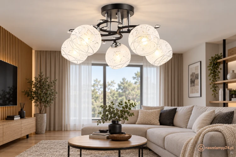 Czarno-chromowana lampa EVITA Elem 5xE27 łączy pięć dekorowanych kloszy z ozdobnymi gałązkami. Eleganckie oświetlenie do salonu i jadalni. Maks. moc 5 × 60 W, IP20, waga 1,7 kg. Żarówki niedołączone.