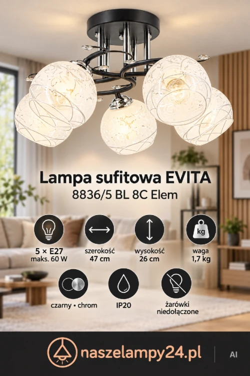 Plafon EVITA 8836/5 BL 8C Elem z pięcioma wzorzystymi kloszami zapewni dobre oświetlenie większego wnętrza. Czarna konstrukcja i chromowane detale pasują do nowoczesnego salonu. Wymiary 47 × 26 cm, 5xE27, IP20.