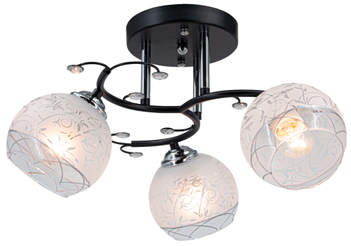 Lampa sufitowa EVITA 3xE27 Elem 8836/3 BL 8C zachwyca czarną konstrukcją, chromowanymi detalami i dekorowanymi szklanymi kloszami. Szerokość 42 cm i wysokość 25 cm. Eleganckie oświetlenie do salonu, sypialni lub jadalni. Bez żarówek.