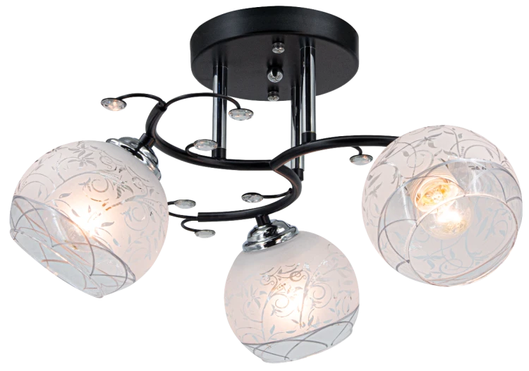 Lampa sufitowa EVITA 3xE27 Elem 8836/3 BL 8C zachwyca czarną konstrukcją, chromowanymi detalami i dekorowanymi szklanymi kloszami. Szerokość 42 cm i wysokość 25 cm. Eleganckie oświetlenie do salonu, sypialni lub jadalni. Bez żarówek.