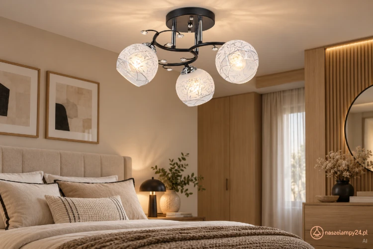 Czarna lampa sufitowa EVITA 3xE27 Elem 8836/3 BL 8C z chromowanymi detalami i dekorowanymi kloszami ze szkła. Model o szerokości 42 cm i wysokości 25 cm doskonale oświetli salon, jadalnię, sypialnię lub przedpokój. Żarówki osobno.