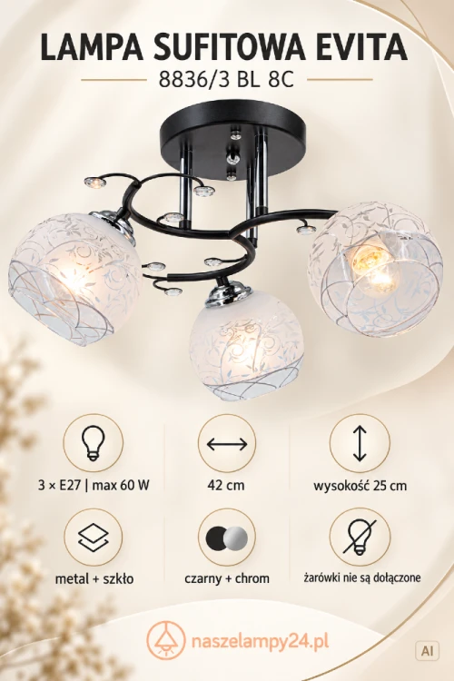 Lampa EVITA Elem 8836/3 BL 8C to elegancki plafon z trzema dekorowanymi kloszami. Czarny metal i chromowane detale pasują do klasycznych oraz nowoczesnych wnętrz. Wymiary: 42 × 25 cm. Źródło światła: 3xE27, maks. 60 W. Bez żarówek.