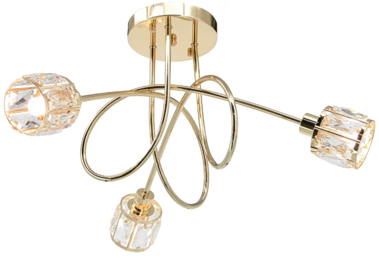 Lampa sufitowa AURORA 3xE14 złota Elem 6510/3 TR łączy efektownie wygięte metalowe ramiona z trzema dekoracyjnymi kloszami ze szkła. Wymiary 57 × 30 cm. Eleganckie oświetlenie do salonu, jadalni, sypialni i przedpokoju.