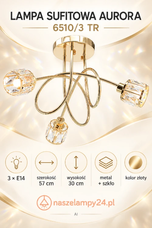 Lampa AURORA 3xE14 Elem 6510/3 TR to dekoracyjne oświetlenie wykonane z metalu i szkła. Złota konstrukcja oraz trzy kryształowe klosze podkreślą elegancki charakter salonu lub jadalni. Szerokość 57 cm, wysokość 30 cm.
