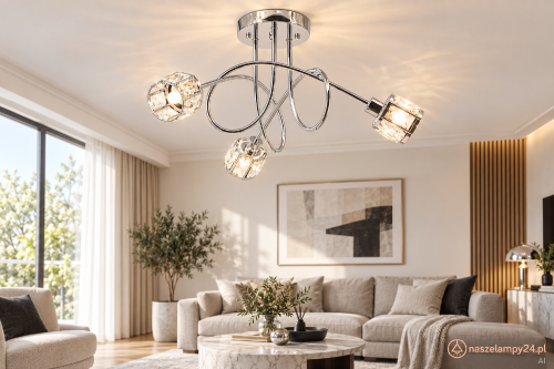 Chromowana lampa sufitowa AURORA Elem 6510/3 8C z trzema szklanymi kloszami pięknie odbija światło. Model 3xE14, maks. 40 W, ma 57 cm szerokości i 30 cm wysokości. Doskonały do nowoczesnego salonu, jadalni lub sypialni.