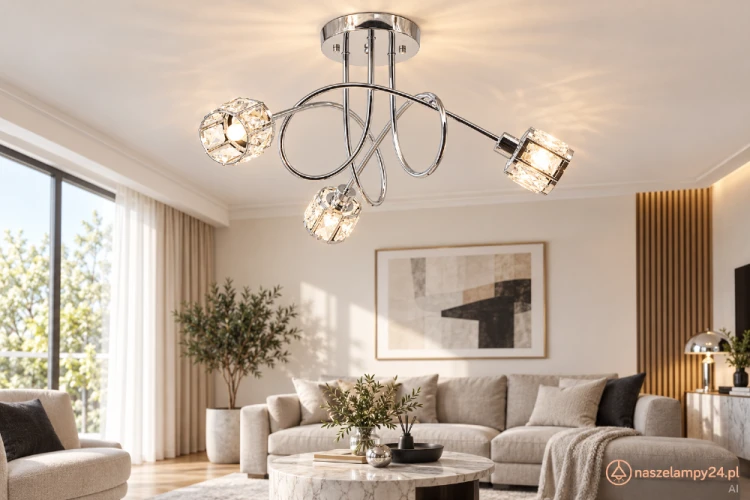 Chromowana lampa sufitowa AURORA Elem 6510/3 8C z trzema szklanymi kloszami pięknie odbija światło. Model 3xE14, maks. 40 W, ma 57 cm szerokości i 30 cm wysokości. Doskonały do nowoczesnego salonu, jadalni lub sypialni.