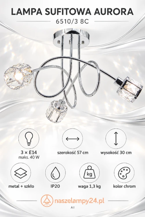 Lampa AURORA 3xE14 Elem 6510/3 8C łączy chromowaną konstrukcję z dekoracyjnymi kloszami ze szkła. Efektowne ramiona podkreślą wnętrze glamour. Wymiary: 57 × 30 cm, maks. 3 × 40 W, IP20, waga 1,3 kg. Do salonu i jadalni.