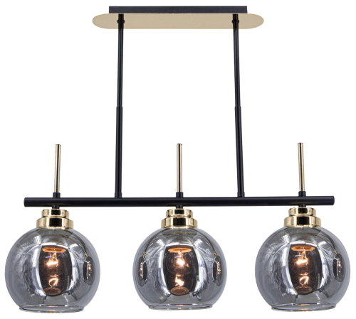 Lampa sufitowa ZEFIR 3xE27 Elem 8249/3 BL TR łączy czarną konstrukcję, złote detale i trzy dymione klosze ze szkła. Wymiary 55 × 52 cm. Stylowe oświetlenie nad stół, wyspę kuchenną lub barek do wnętrz loftowych i nowoczesnych.