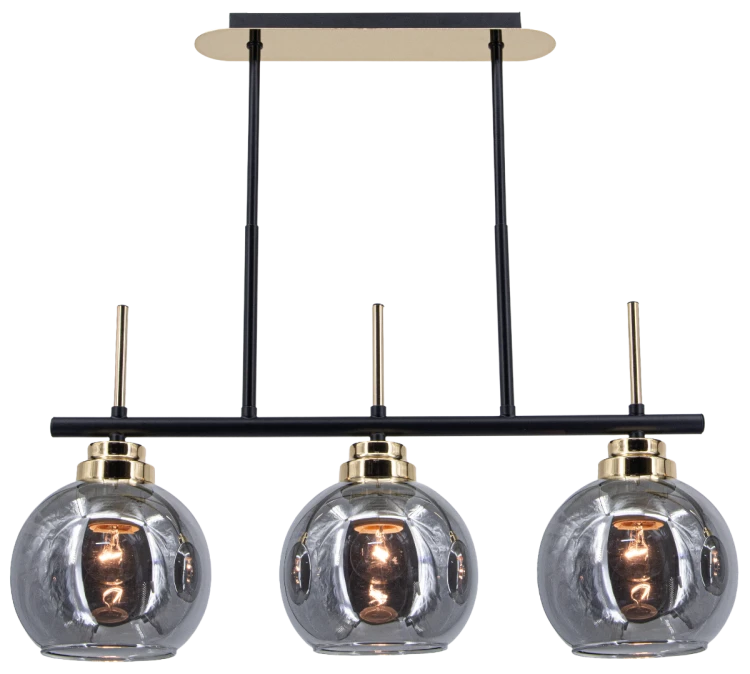 Lampa sufitowa ZEFIR 3xE27 Elem 8249/3 BL TR łączy czarną konstrukcję, złote detale i trzy dymione klosze ze szkła. Wymiary 55 × 52 cm. Stylowe oświetlenie nad stół, wyspę kuchenną lub barek do wnętrz loftowych i nowoczesnych.
