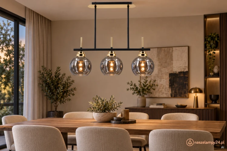 Czarno-złota lampa ZEFIR 3xE27 Elem 8249/3 BL TR z trzema dymionymi kloszami równomiernie oświetli stół lub wyspę. Metalowo-szklana konstrukcja ma 55 cm szerokości i 52 cm wysokości. Elegancki wybór do kuchni oraz jadalni.