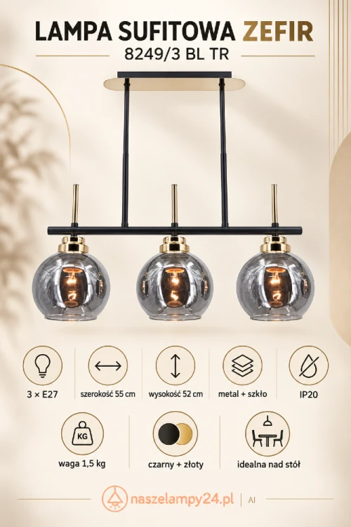 Lampa nad stół ZEFIR Elem 8249/3 BL TR posiada trzy oprawki E27 i szklane klosze w dymionym kolorze. Połączenie czerni ze złotem pasuje do wnętrz loftowych, glamour i nowoczesnych. Wymiary 55 × 52 cm, waga 1,5 kg, IP20.