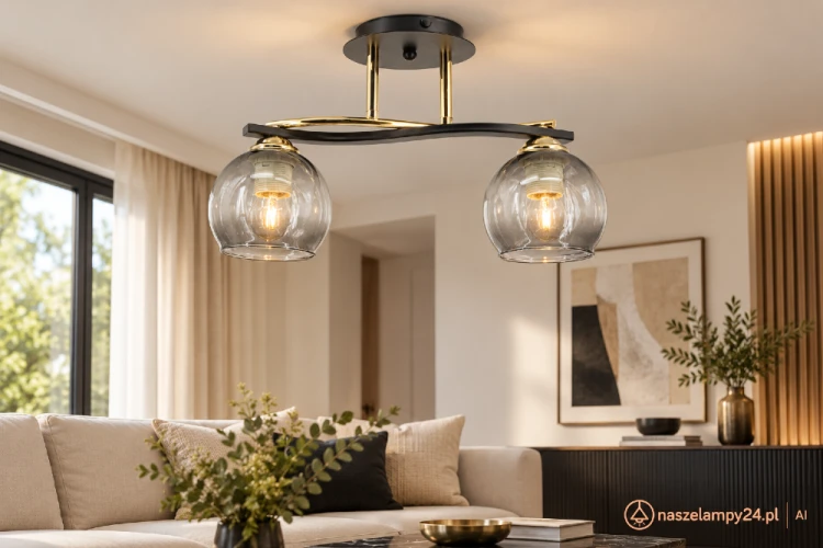 Plafon CLEO 8912/2 TR BL marki Elem łączy czarny metal, złote detale i dwa szklane klosze. Lampa sufitowa 2xE27 o szerokości 44 cm sprawdzi się w salonie, sypialni, kuchni i jadalni. Eleganckie oświetlenie nowoczesnych wnętrz. Światło w dobrym stylu CLEO.