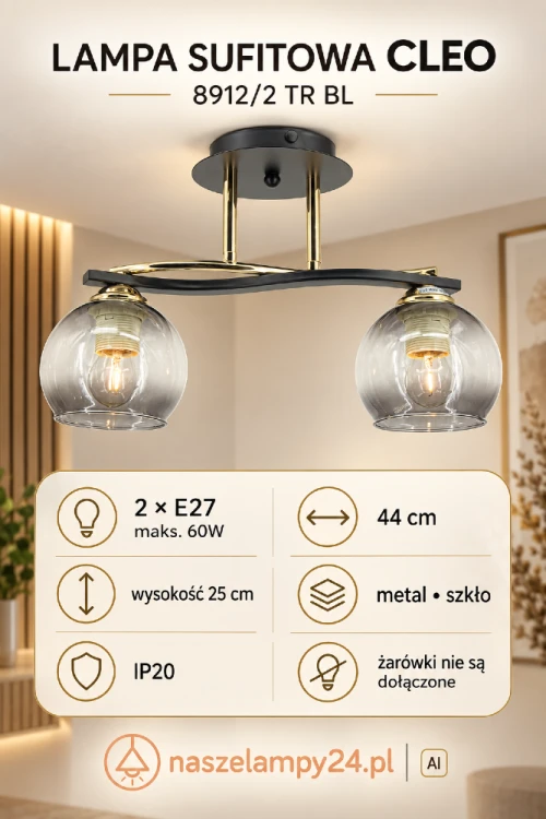 Czarno-złota lampa sufitowa CLEO Elem z dwoma szklanymi kloszami to efektowne oświetlenie salonu, jadalni lub sypialni. Plafon 2xE27 ma 44 cm szerokości i 25 cm wysokości. Nowoczesna forma pasuje do aranżacji loftowych i glamour. Stylowe światło dla domu.