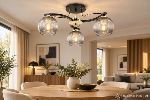 Czarna i złota lampa sufitowa CLEO Elem 8912/3 TR BL z trzema szklanymi kloszami. Plafon 3xE27 ma 41 cm szerokości i 25 cm wysokości. Doskonały do salonu, jadalni, kuchni, sypialni oraz eleganckiego przedpokoju.